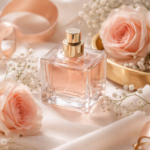 Flacon de parfum sur fond ivoire avec roses et ruban, ambiance magazine, pour illustrer comment faire tenir son parfum
