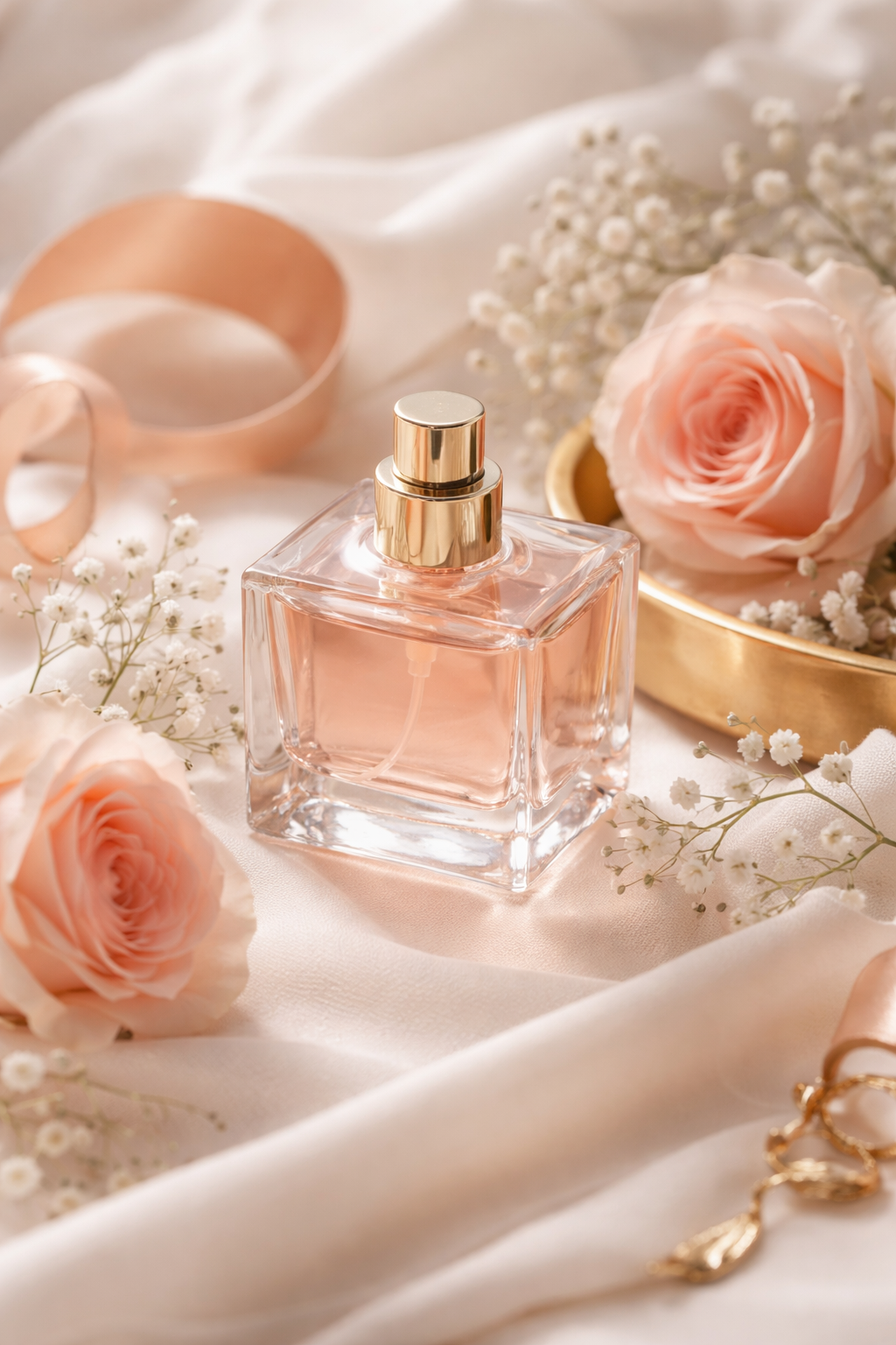 Flacon de parfum sur fond ivoire avec roses et ruban, ambiance magazine, pour illustrer comment faire tenir son parfum