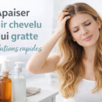 Femme se massant le cuir chevelu qui gratte dans une salle de bain lumineuse