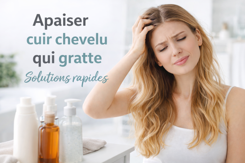 Femme se massant le cuir chevelu qui gratte dans une salle de bain lumineuse