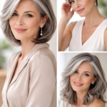Femme aux cheveux gris chic avec balayage transition et coupe mi-courte