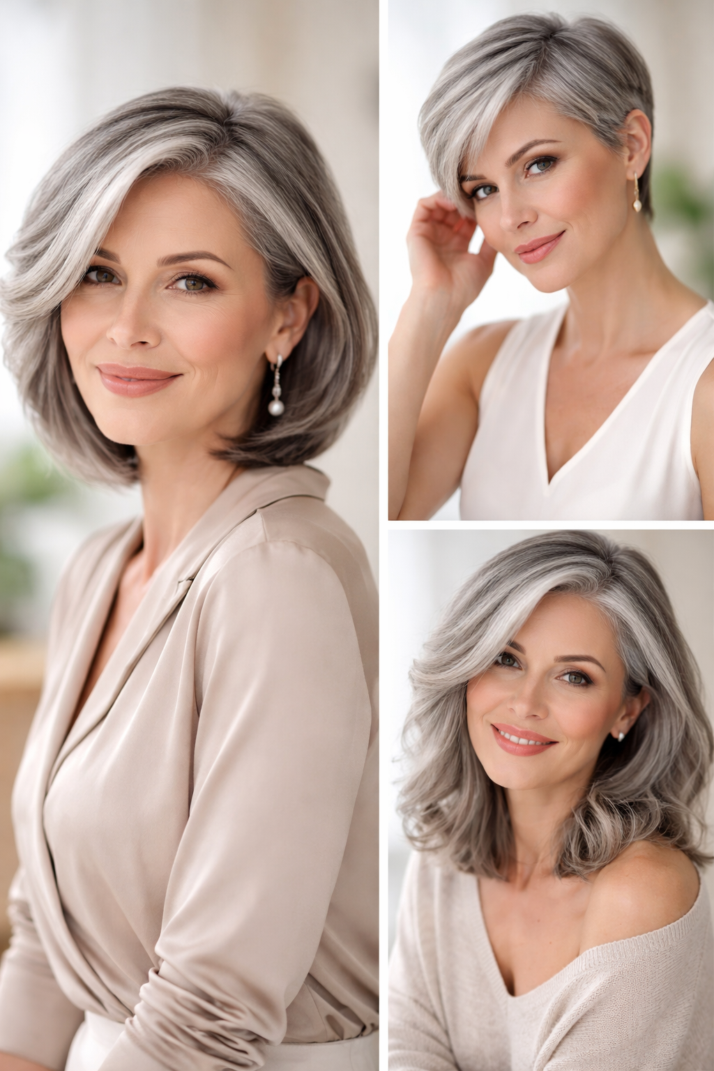 Femme aux cheveux gris chic avec balayage transition et coupe mi-courte