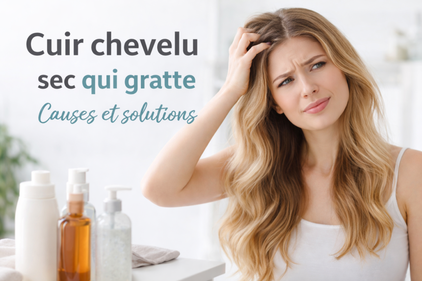 Femme se tenant le cuir chevelu sec qui gratte dans une salle de bain lumineuse