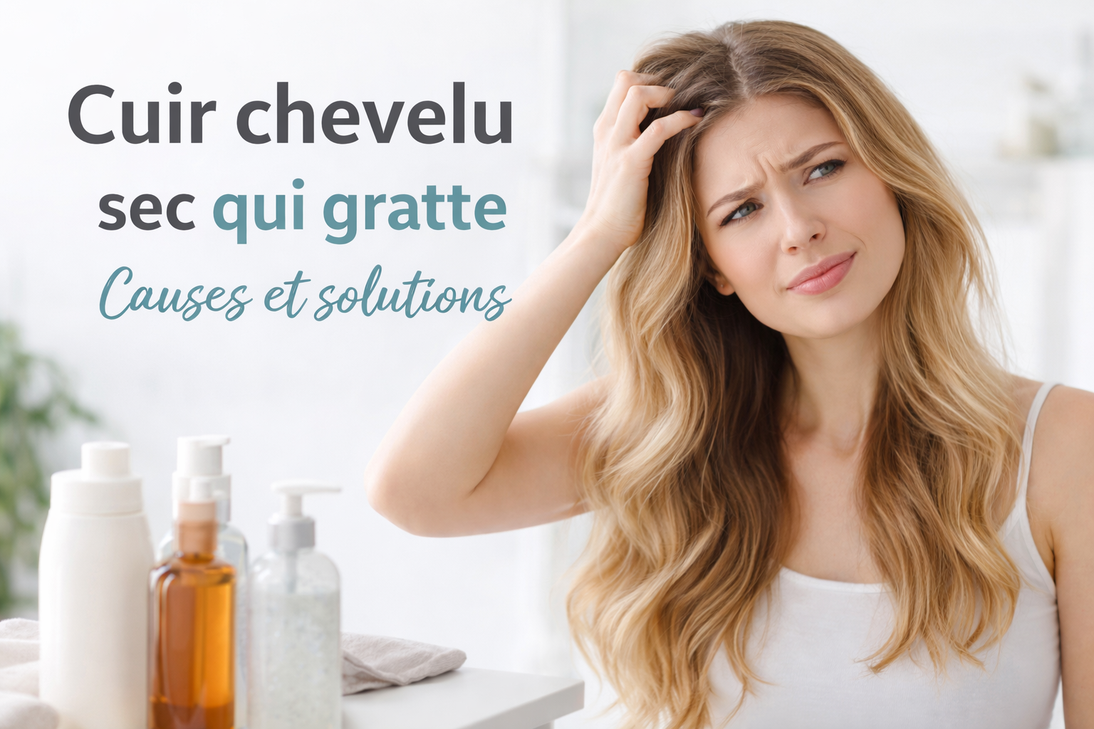 Femme se tenant le cuir chevelu sec qui gratte dans une salle de bain lumineuse