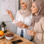 Deux femmes consultant un calendrier pour la date du Ramadan 2026 en France avec dattes et lanterne en cuisine