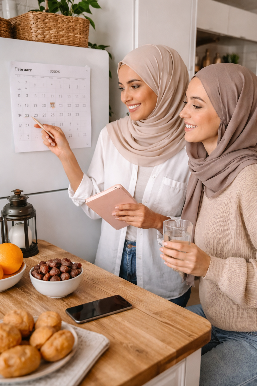 Deux femmes consultant un calendrier pour la date du Ramadan 2026 en France avec dattes et lanterne en cuisine