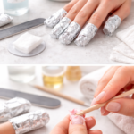 Dépose de vernis semi-permanent avec papillotes et dissolvant sur ongles