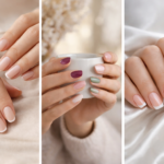 Triptyque de mains avec french manucure moderne : micro-french blanche, french couleur bordeaux et vert sauge, et french sur ongles carrés