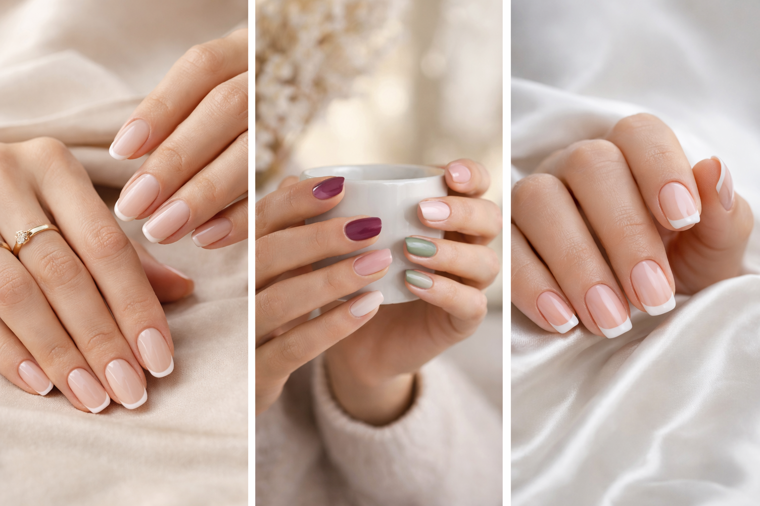 Triptyque de mains avec french manucure moderne : micro-french blanche, french couleur bordeaux et vert sauge, et french sur ongles carrés
