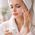 Femme appliquant une crème réparatrice sur le visage, peau sensible après rétinol