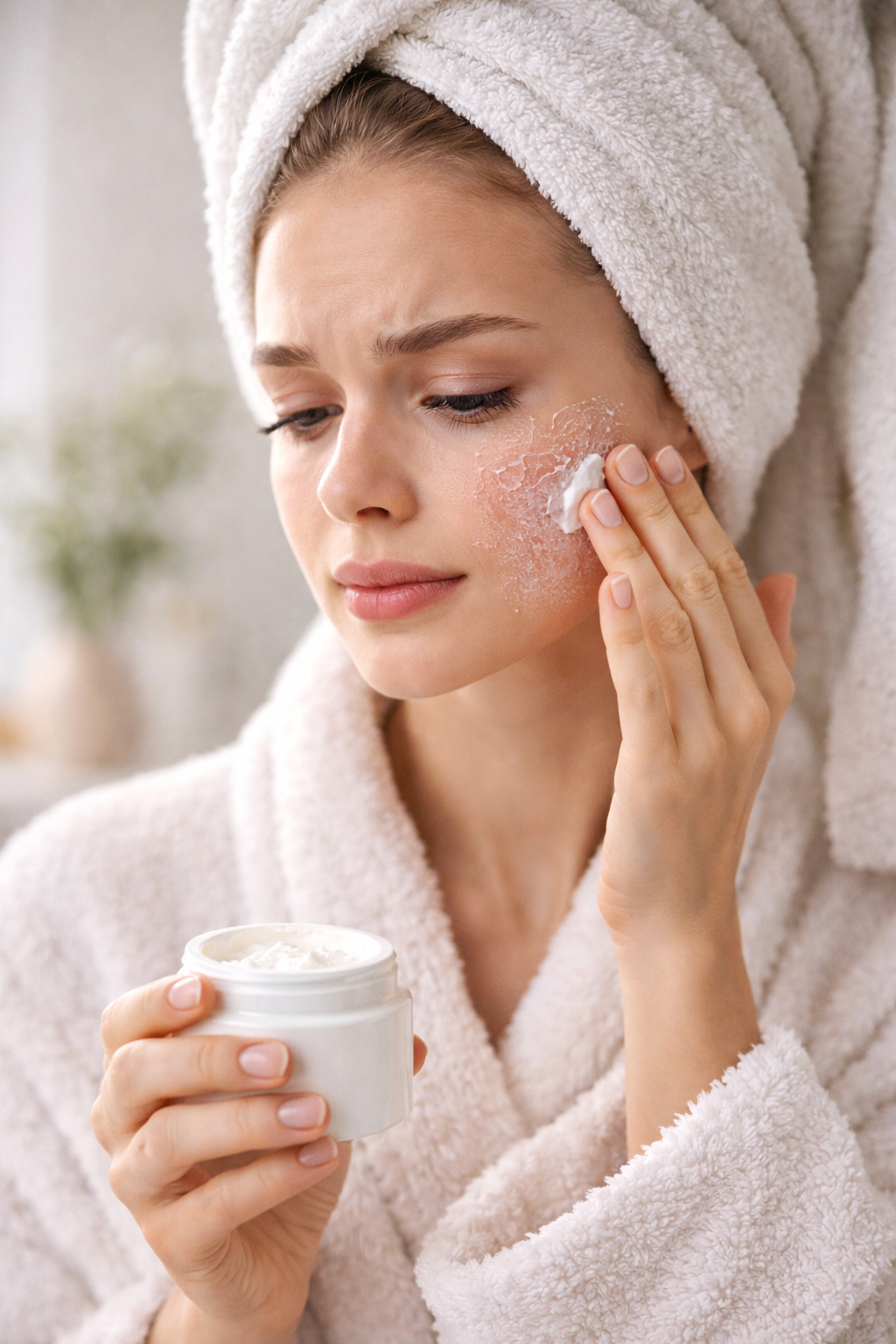 Femme appliquant une crème réparatrice sur le visage, peau sensible après rétinol