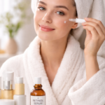 Femme appliquant un sérum au rétinol sur le visage avec une pipette, routine skincare en salle de bain