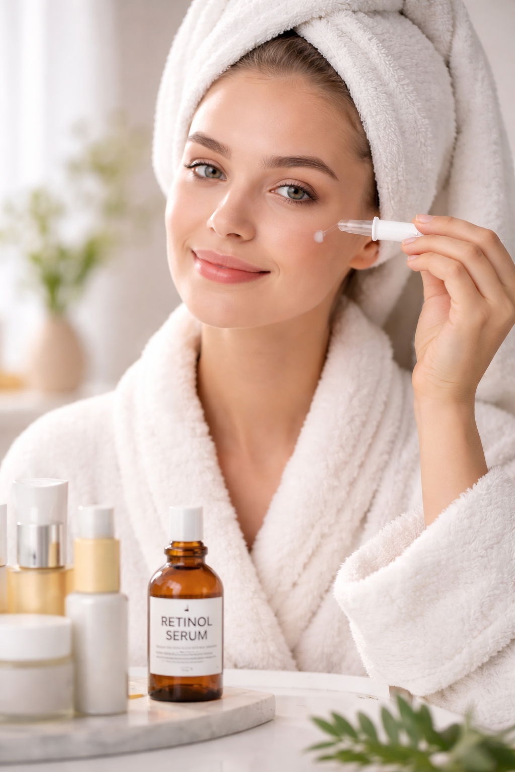 Femme appliquant un sérum au rétinol sur le visage avec une pipette, routine skincare en salle de bain