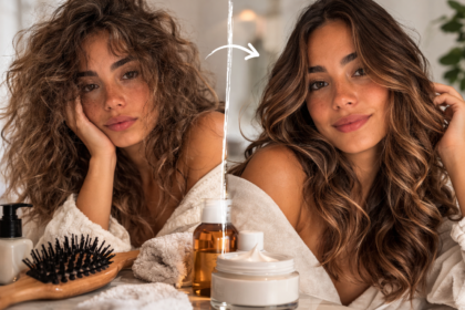 portrait femme aux cheveux mousseux et ondulés avec effet frisottis en lumière naturelle