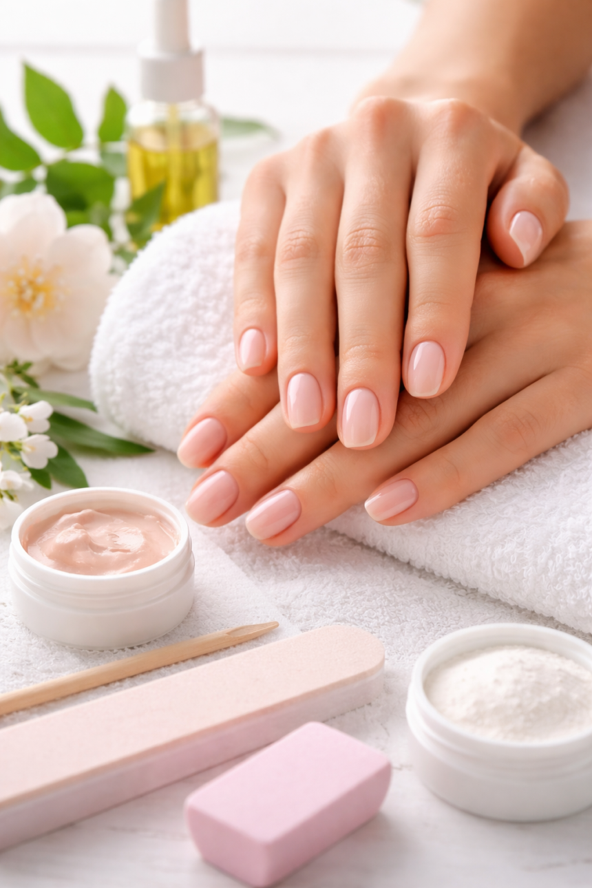 manucure japonaise sur ongles naturels avec effet brillant sans vernis