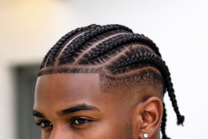 homme avec tresse collée et dégradé net style cornrows en portrait magazine
