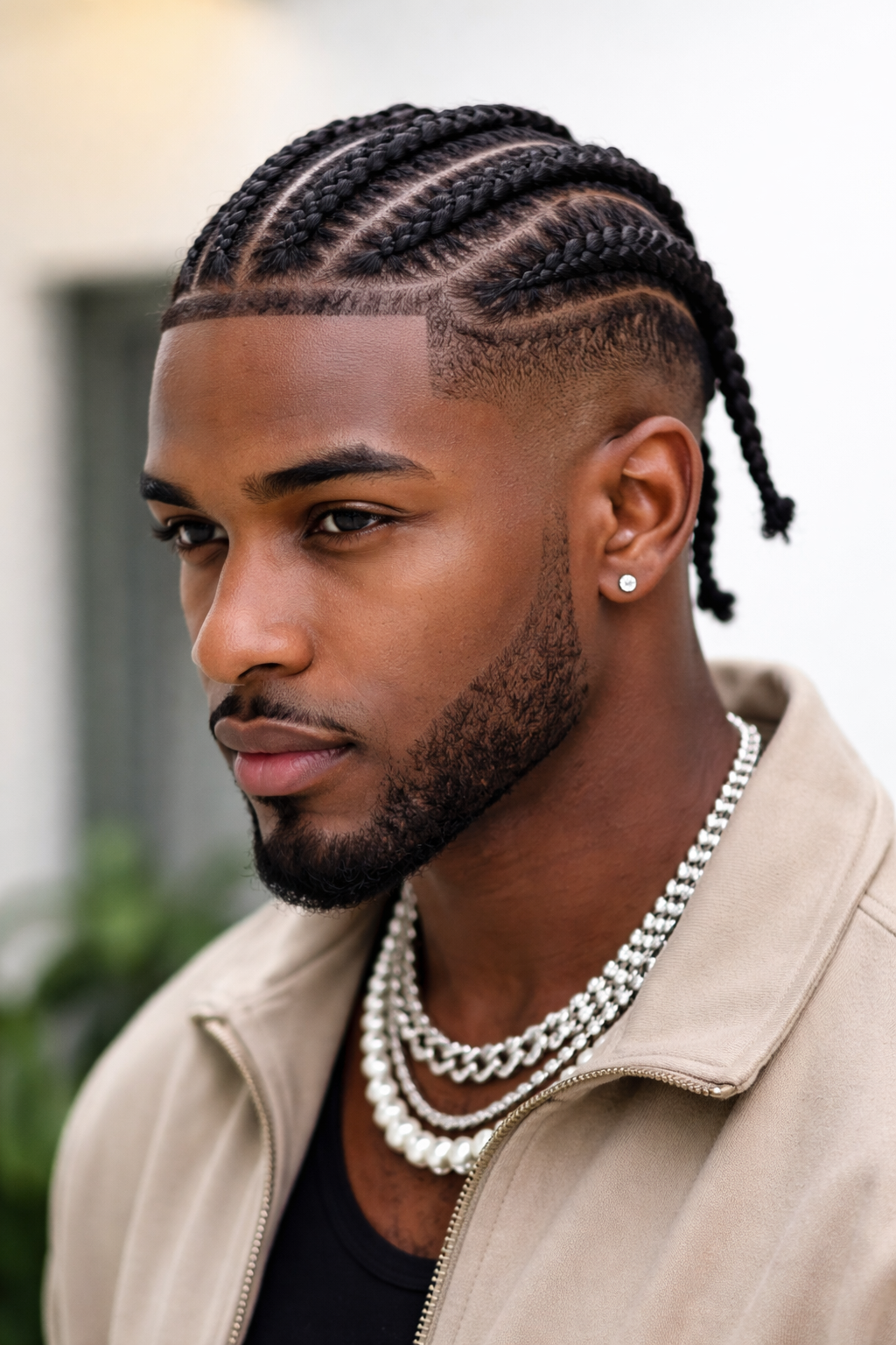 homme avec tresse collée et dégradé net style cornrows en portrait magazine