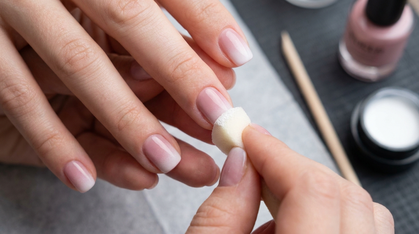 Short nails featuring a baby boomer manicure with a smooth gradient from pink to white, showing the gradual blending technique