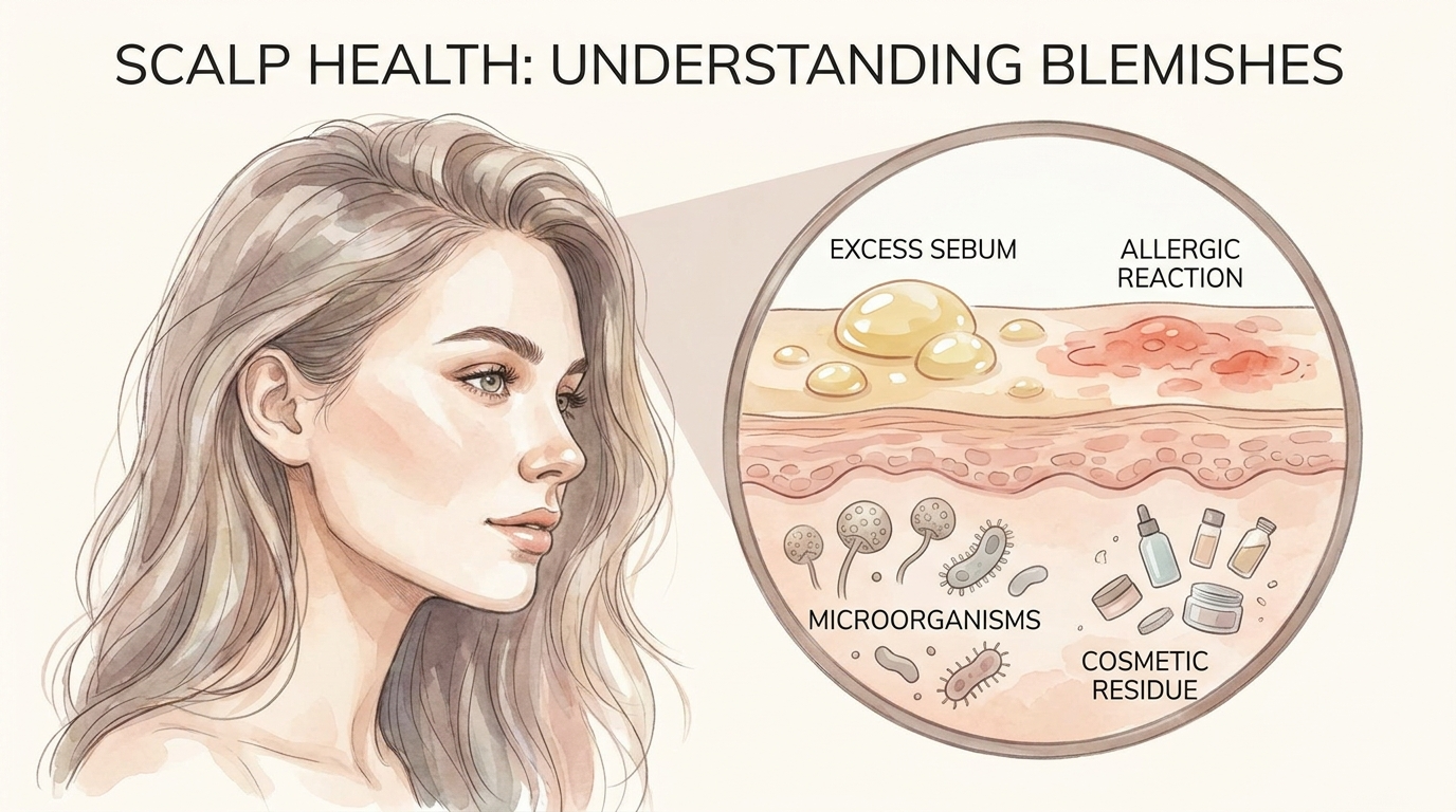 Illustration détaillée des causes courantes de boutons sur le cuir chevelu chez une femme