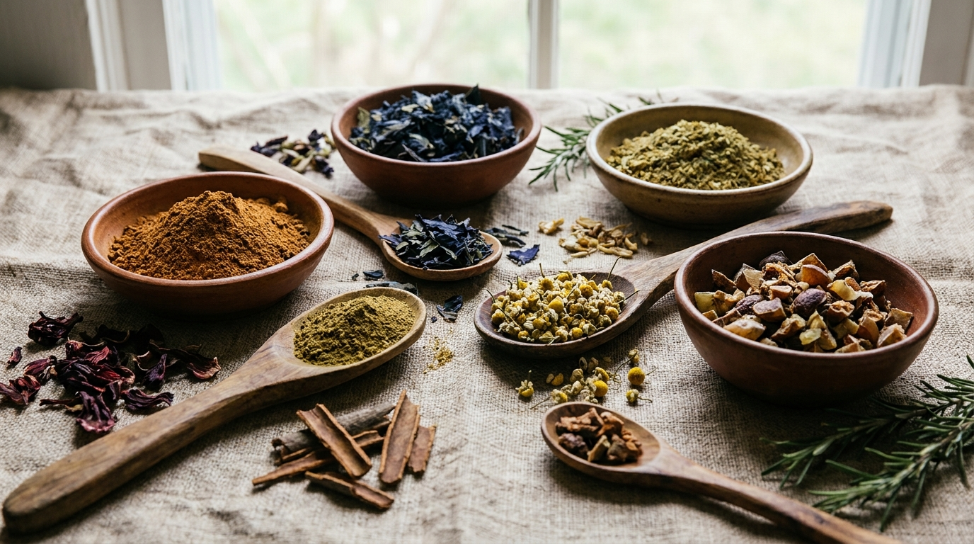 Assortment of natural hair coloring plants including henna, indigo, and chamomile presented in rustic bowls and wooden spoons.