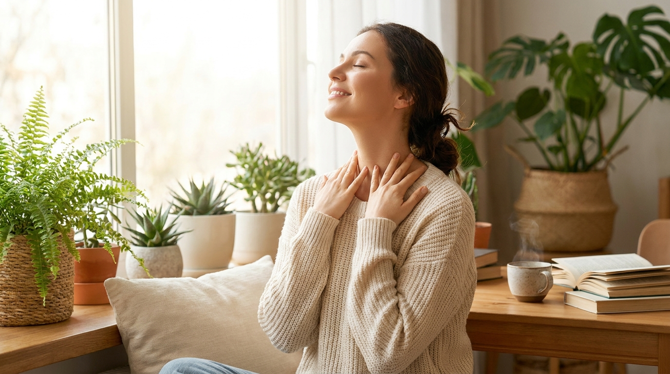 Woman doing facial and neck exercises at home to reduce double chin naturally