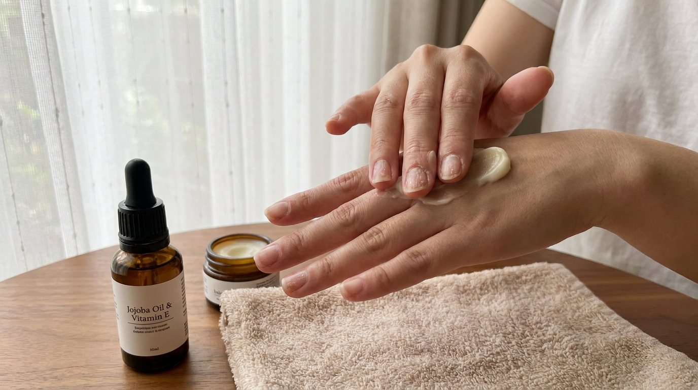 Close-up of natural nails being moisturized and treated after fake nails removal