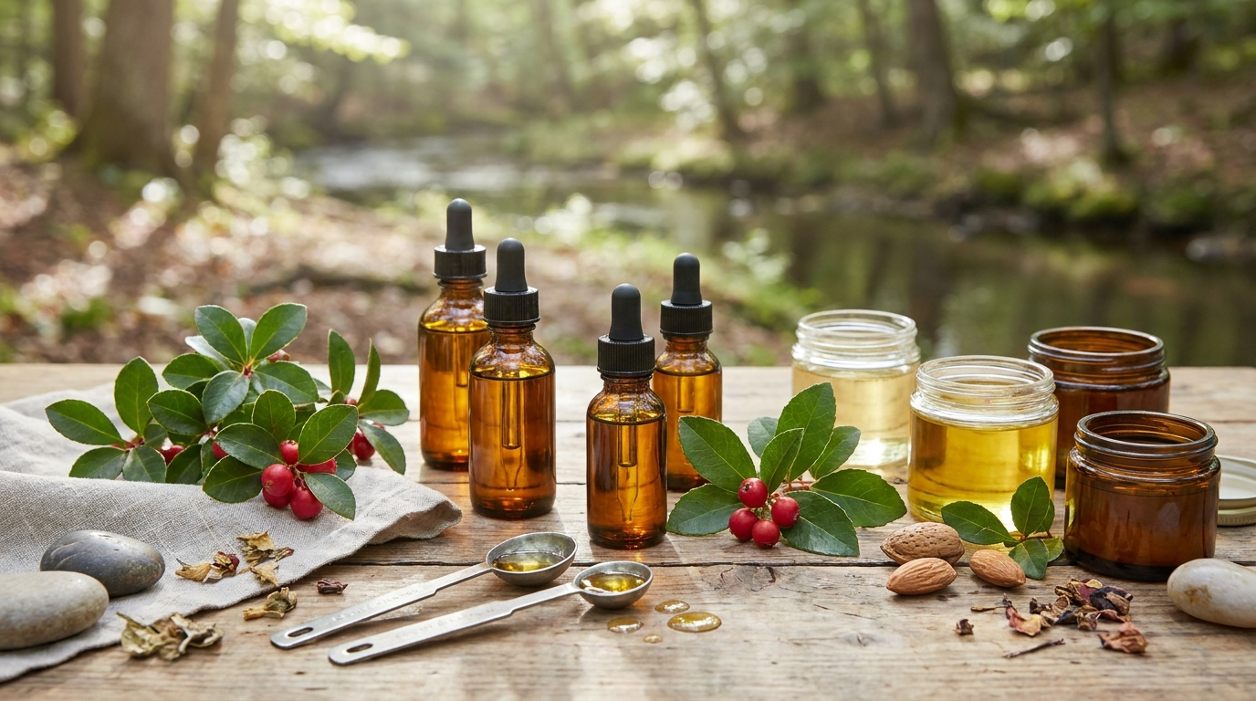Step-by-step preparation of wintergreen massage oil showing glass bottles, gaultheria leaves, and measuring spoons with essential oils