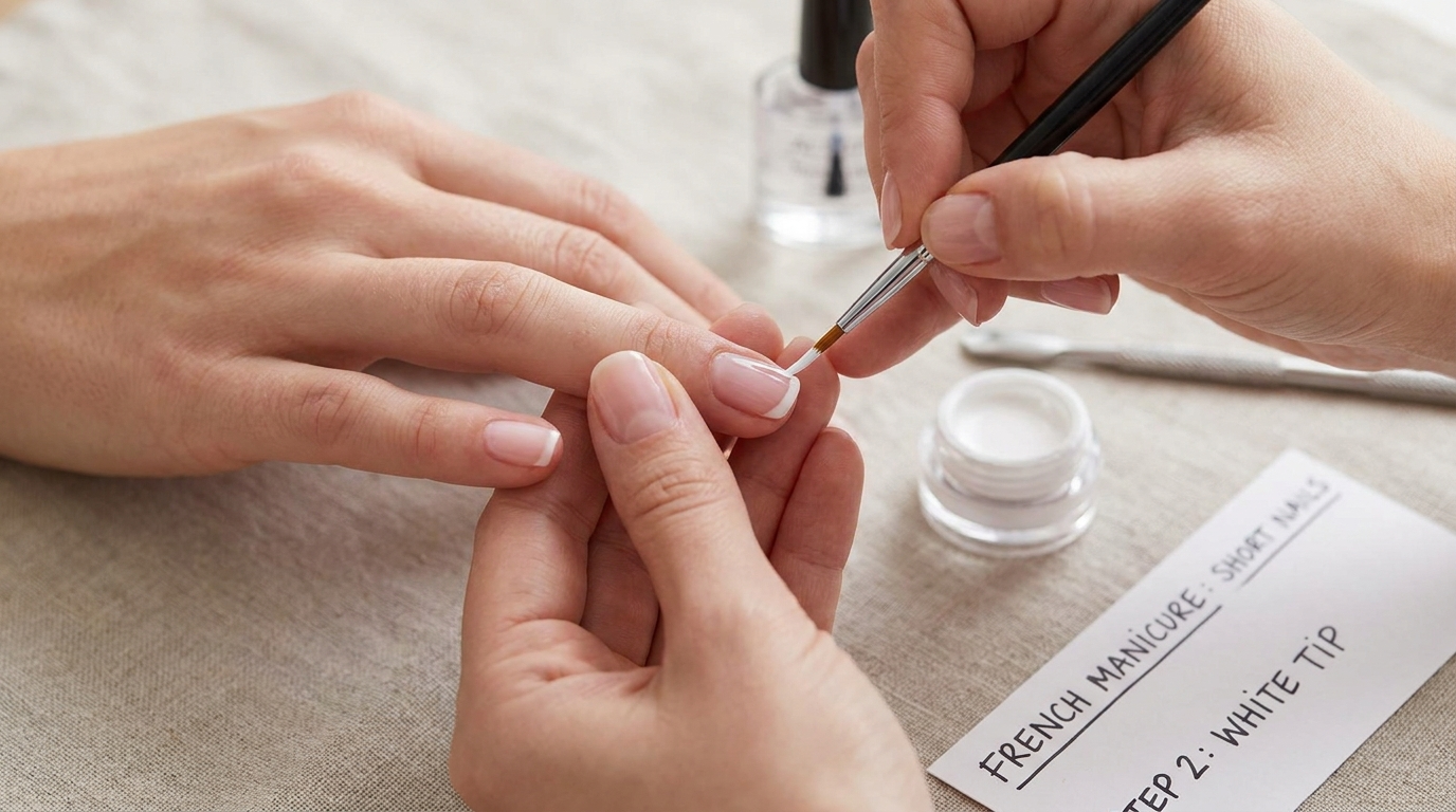 Close-up of short fingernails with a French manicure being applied with a fine brush, showing precision and detail steps.