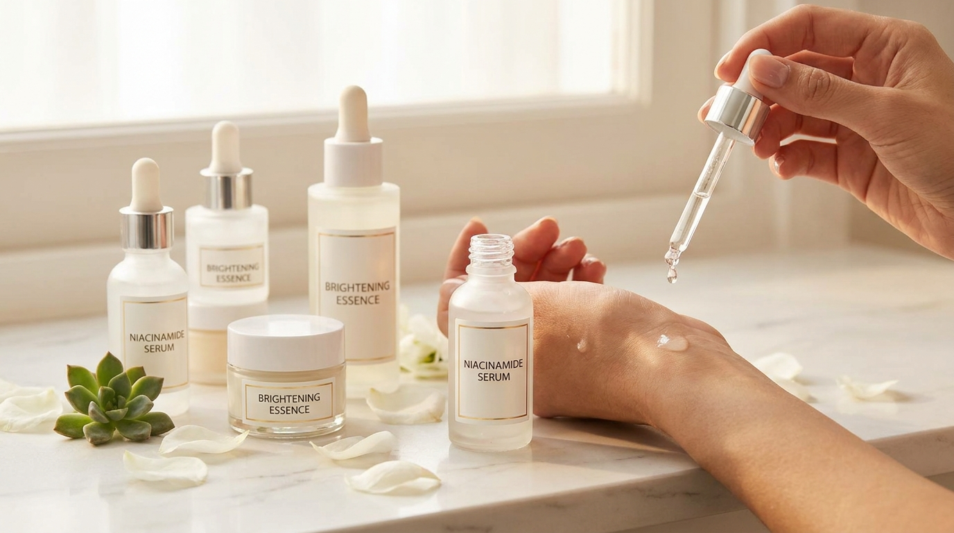 Bottles and containers of niacinamide skincare products, including serums, arranged aesthetically on a light background with visible serum texture.