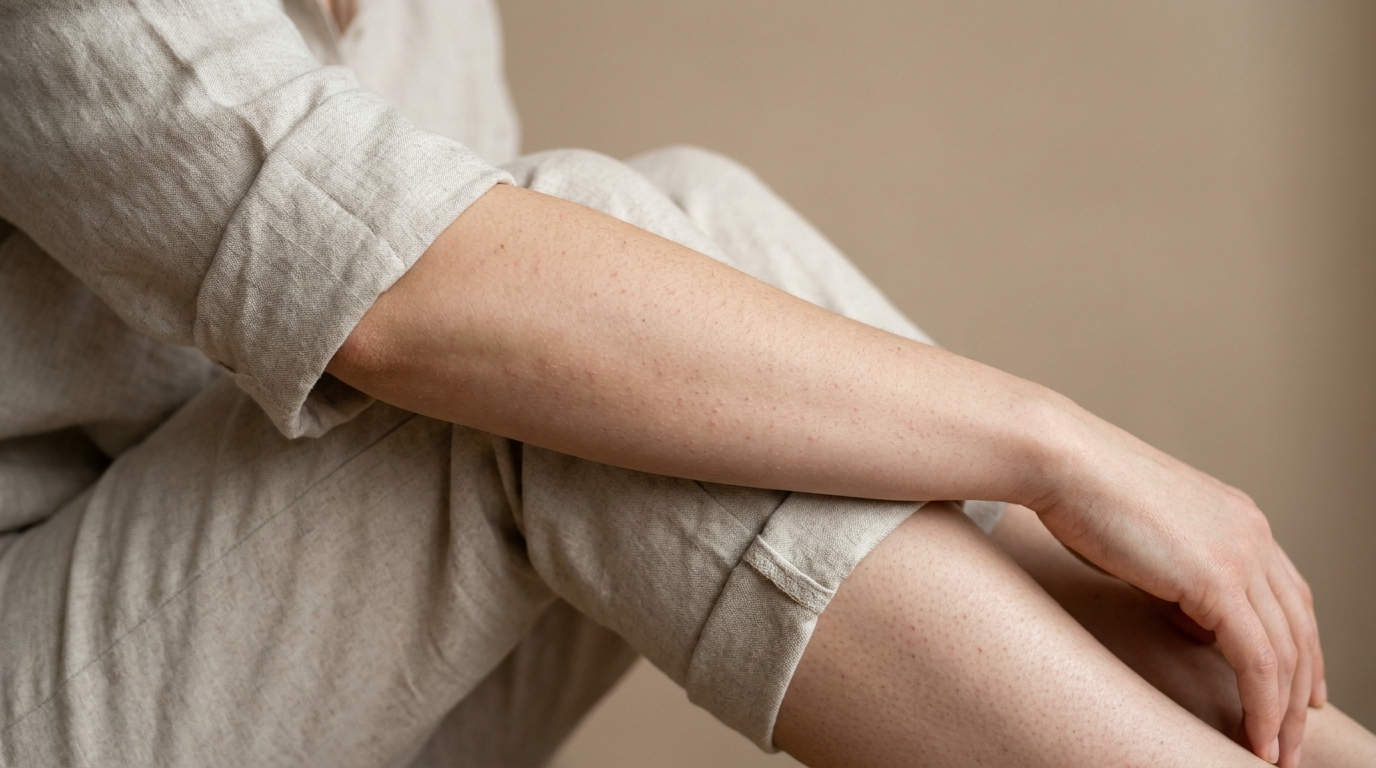 Close-up of legs and arms showing typical strawberry skin texture due to keratosis pilaris