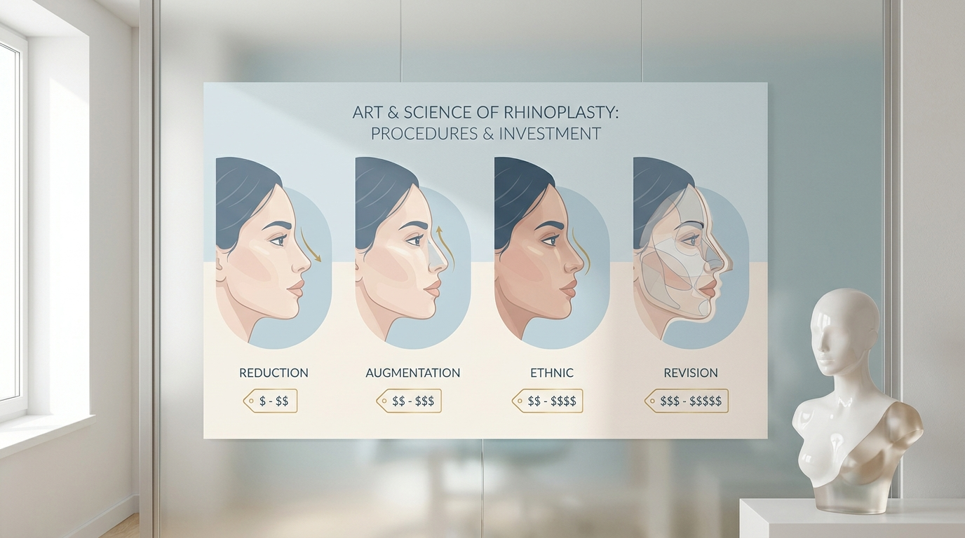 Illustration des types de rhinoplastie féminine avec fourchettes de prix associées