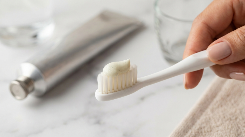 Gros plan d’une brosse à dents chargée d’une pâte dentifrice crème‑menthe avec fines particules abrasives, main féminine, sur un comptoir de salle de bain en marbre flou en arrière‑plan.