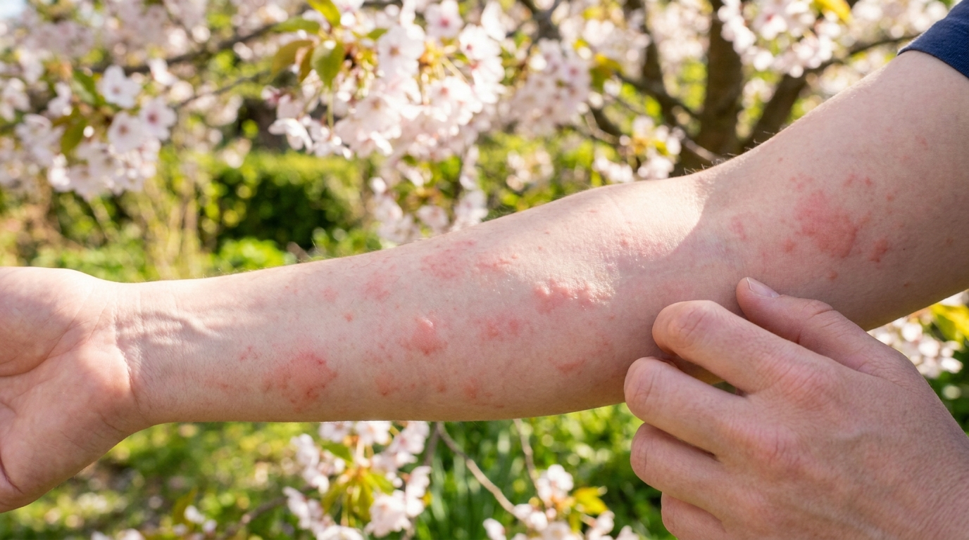 Close-up of skin with redness, hives, and swelling due to pollen allergy