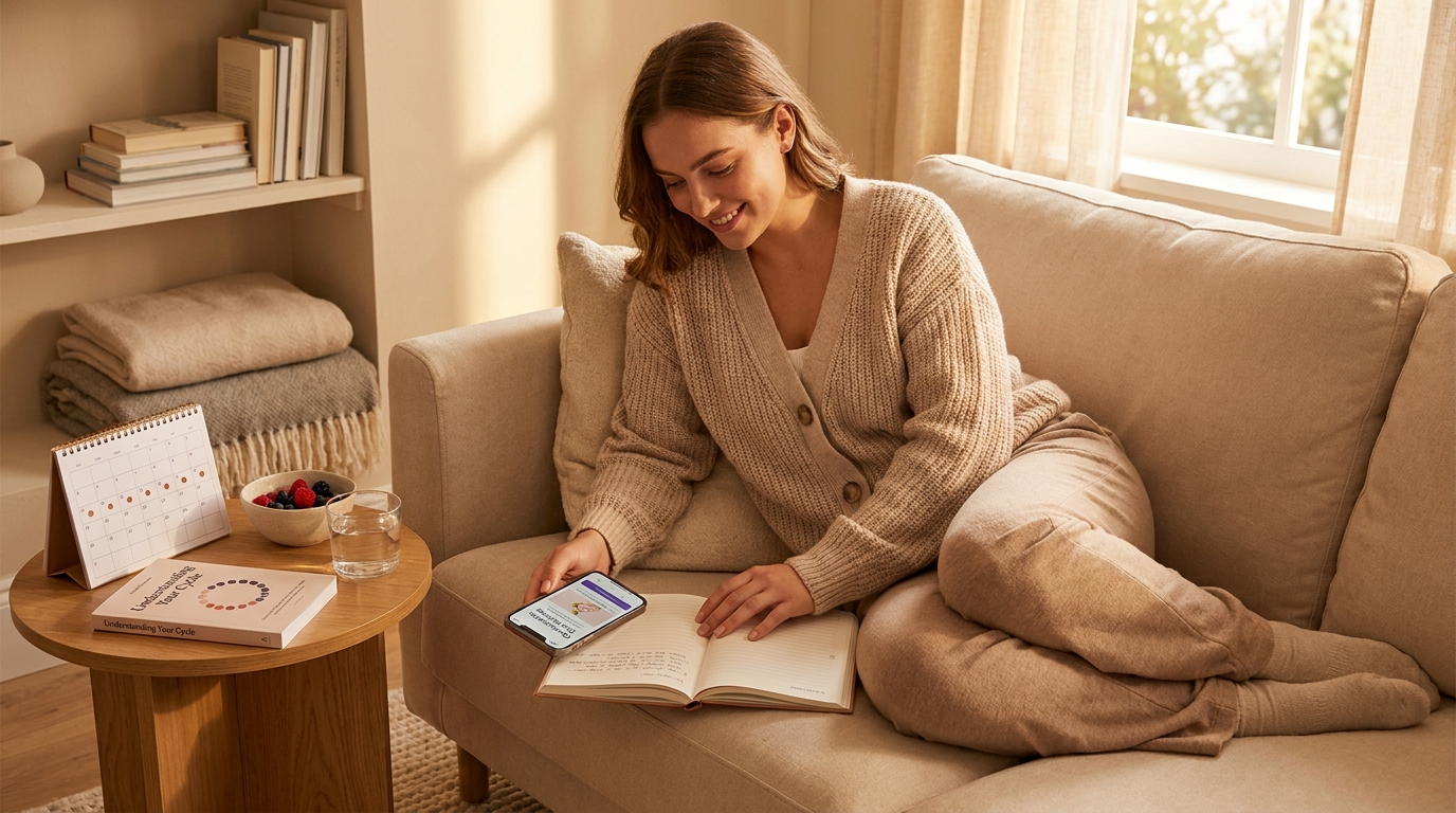 Young woman calmly managing daily life while experiencing light spotting due to continuous Optimizette pill use, with elements representing health advice and monitoring.