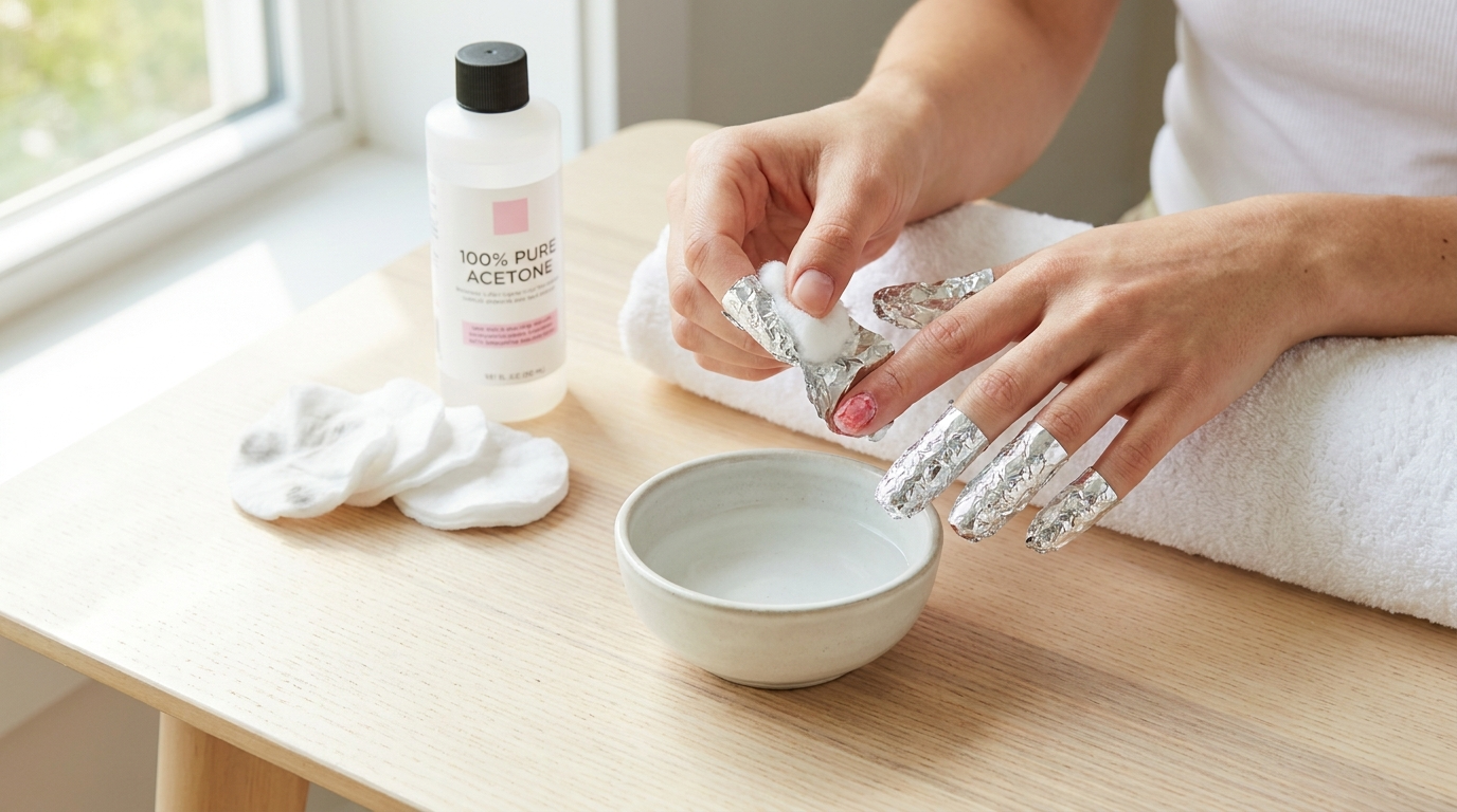 Person removing gel nails at home with acetone soak method using cotton balls and foil wraps
