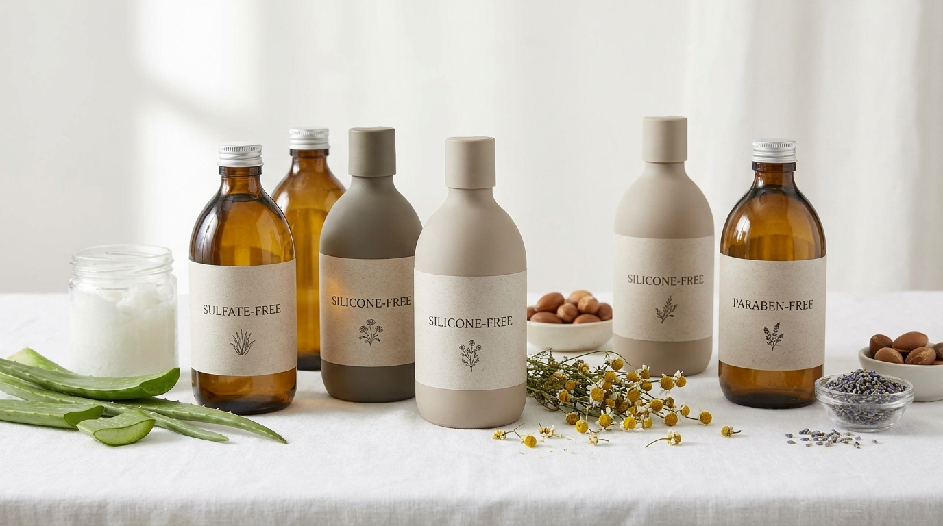 Selection of natural shampoos without sulfates, silicones, and parabens with natural ingredients around