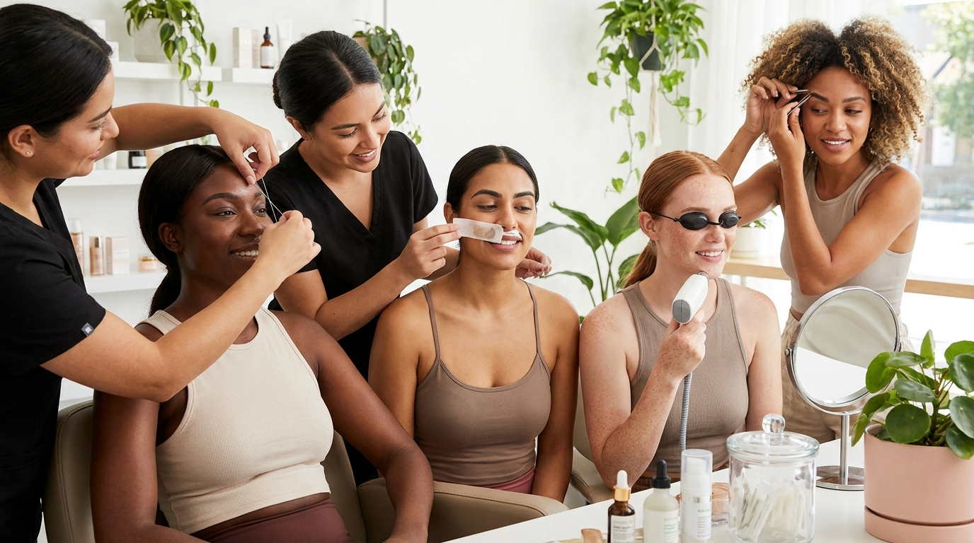 Femmes de différents types de peau utilisant diverses méthodes d'épilation du visage comme l'épilation à la cire, le fil, le laser et la pince à épiler dans un salon de beauté lumineux