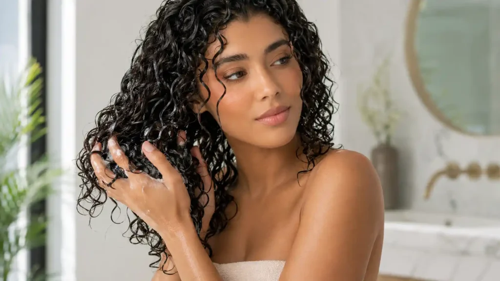 Application d’un leave-in sur cheveux bouclés avec geste scrunch