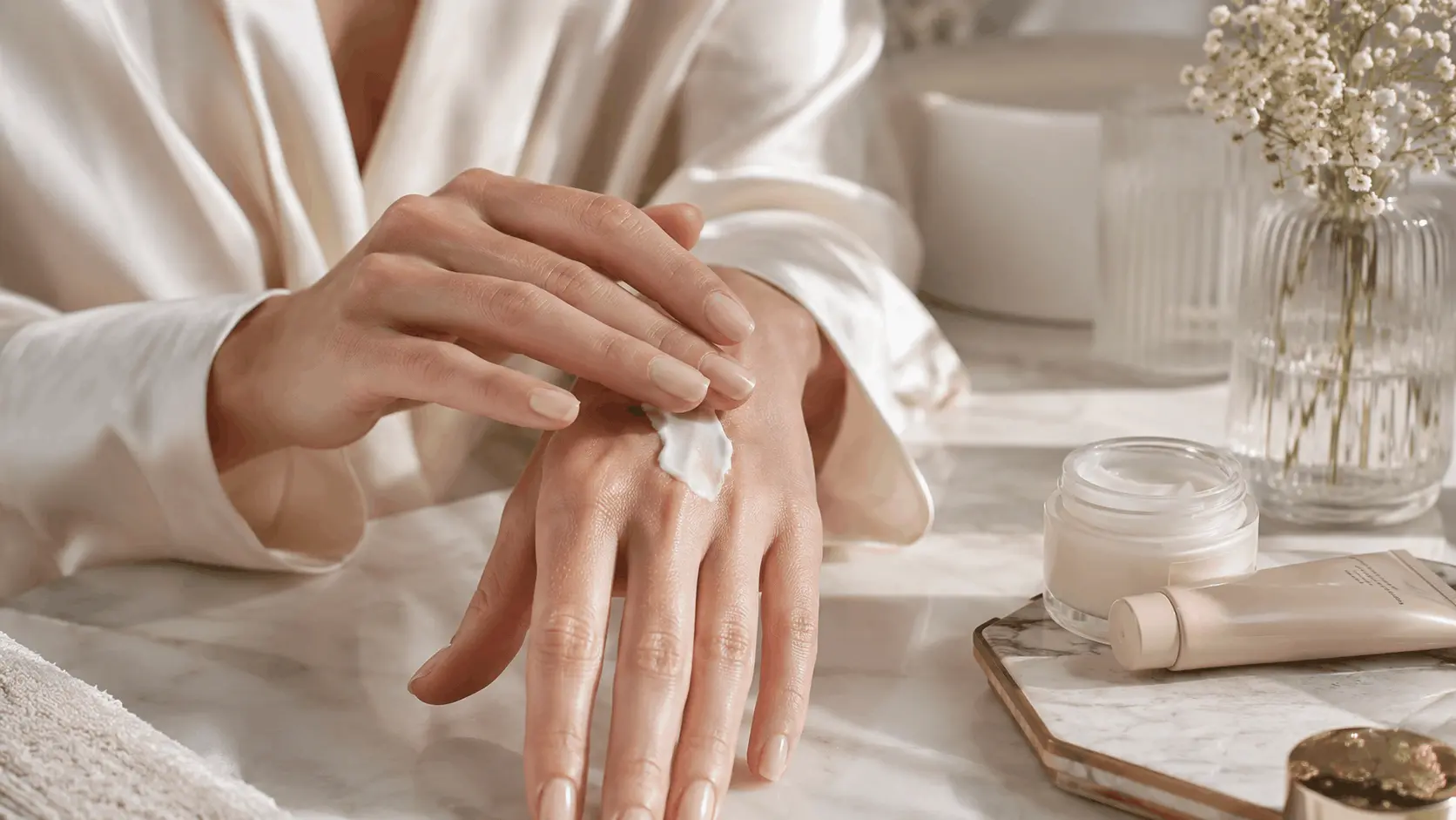 Application d’une crème hydratante sur des mains sèches