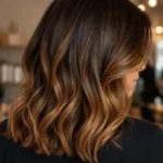 Ombré hair caramel lumineux sur cheveux bruns ondulés
