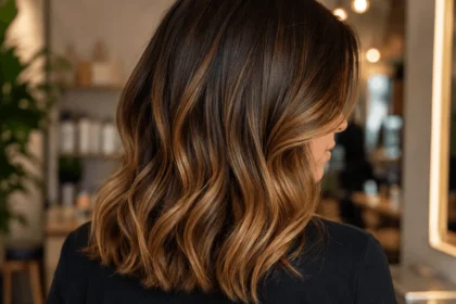 Ombré hair caramel lumineux sur cheveux bruns ondulés