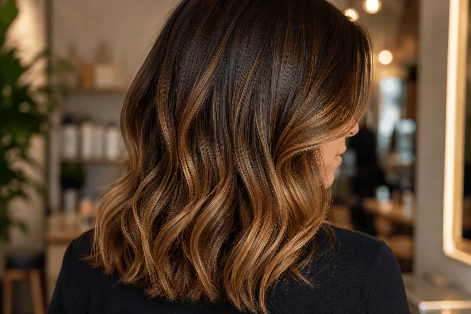 Ombré hair caramel lumineux sur cheveux bruns ondulés