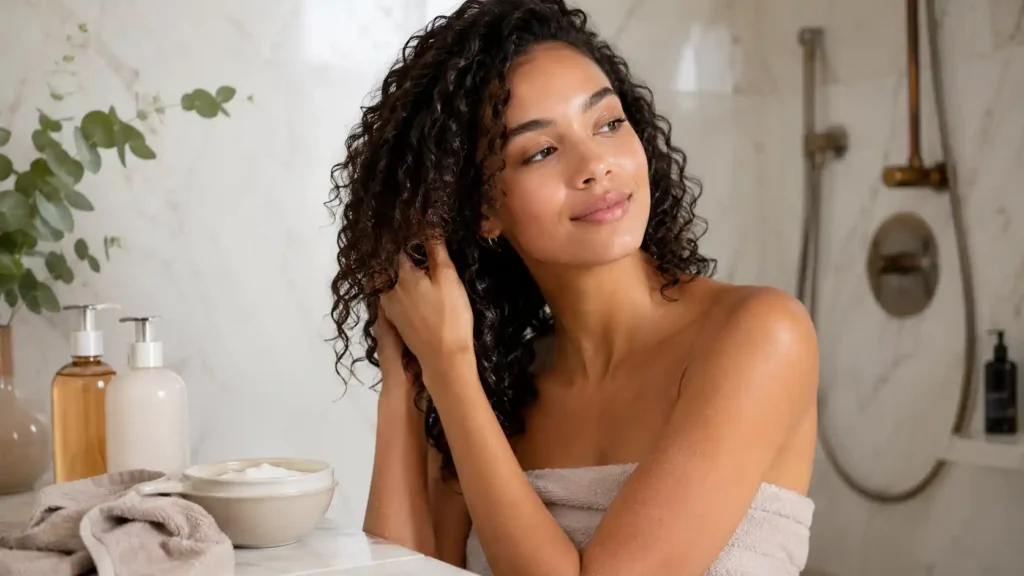 Routine lavage cheveux bouclés avec shampoing doux et soins hydratants