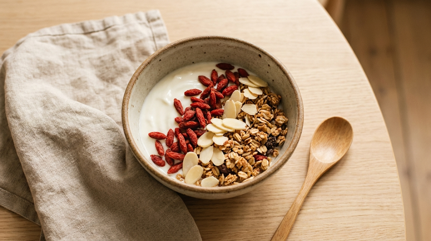 Bol de yaourt garni de baies de goji séchées, granola et amandes posé sur une table en bois pour un petit-déjeuner sain