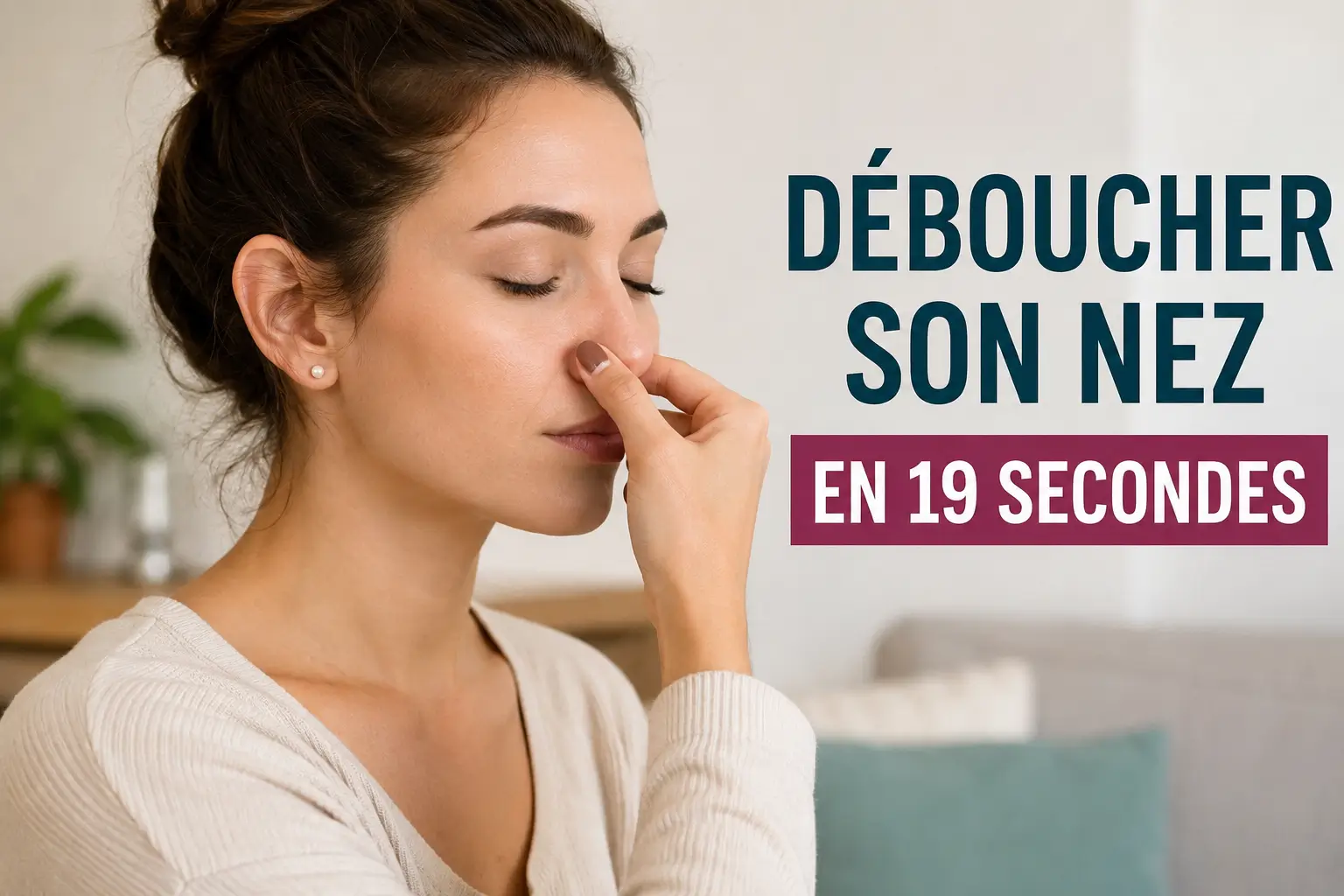 Femme essayant de déboucher son nez naturellement
